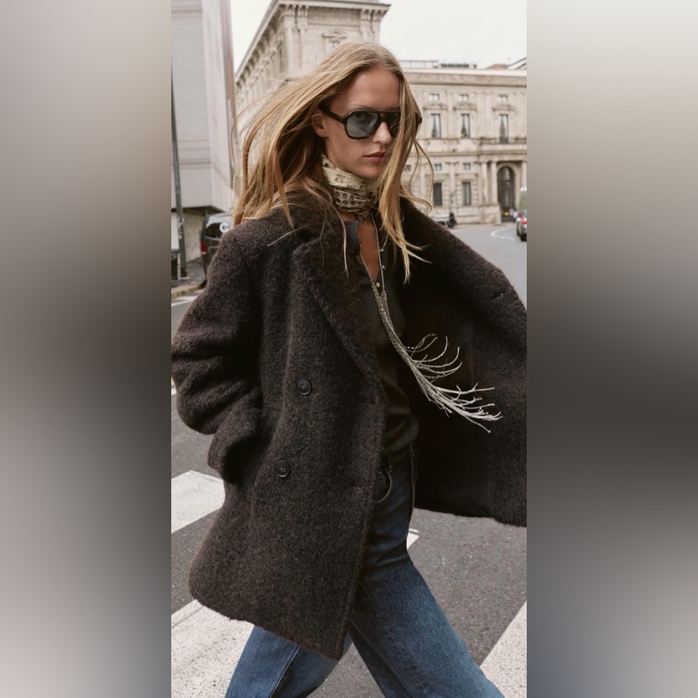 Zara Bouclé Double-Breasted Mid-Length Coat Brand New - Picture 2 of 7